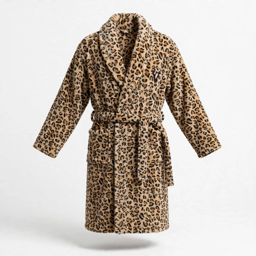 Bata de Casa Felpa Estampado Leopardo Camel - Las Cucadas