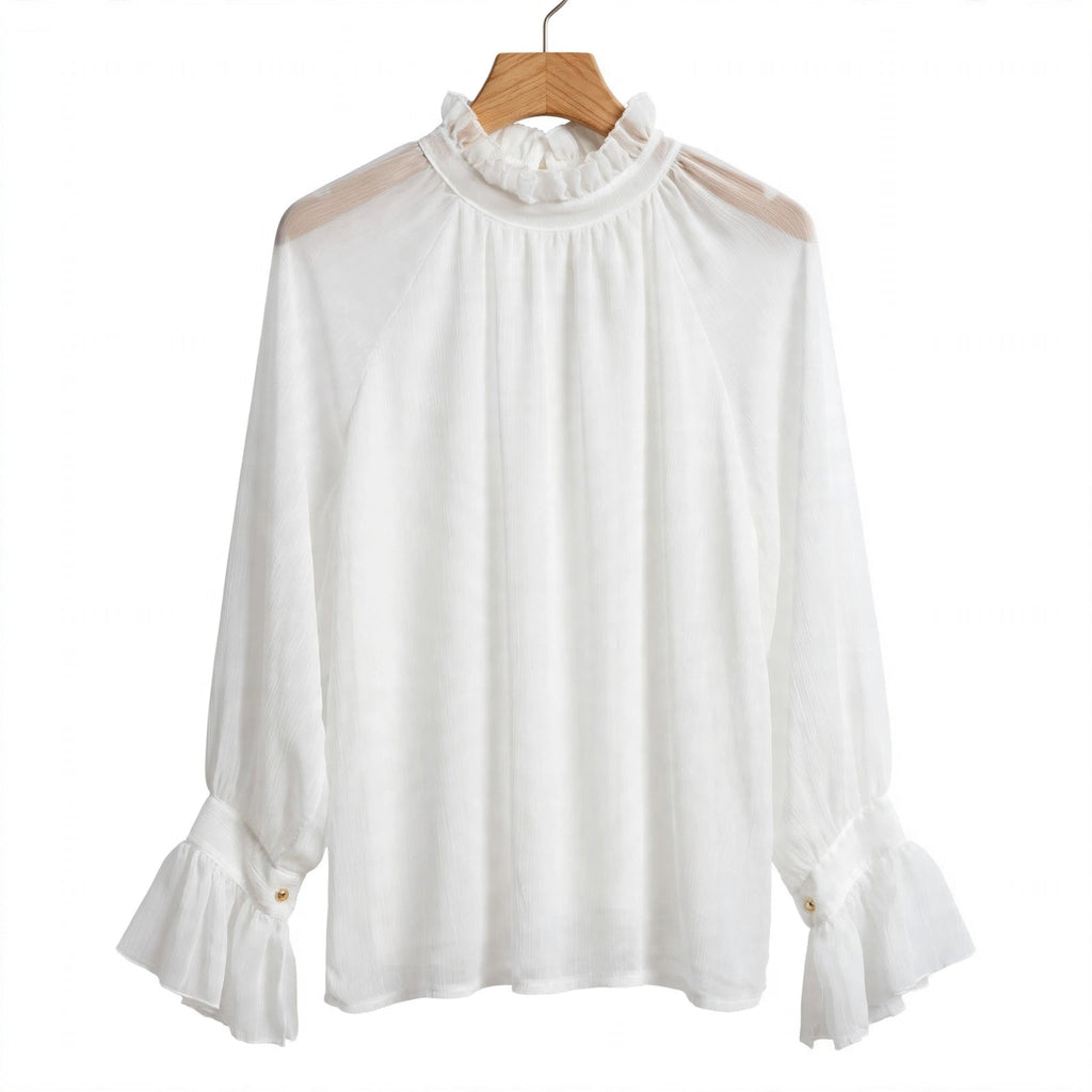 Blusa de gasa curvy plisada con cuello alto y volantes - Las Cucadas