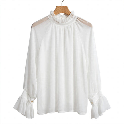 Blusa de gasa curvy plisada con cuello alto y volantes - Las Cucadas