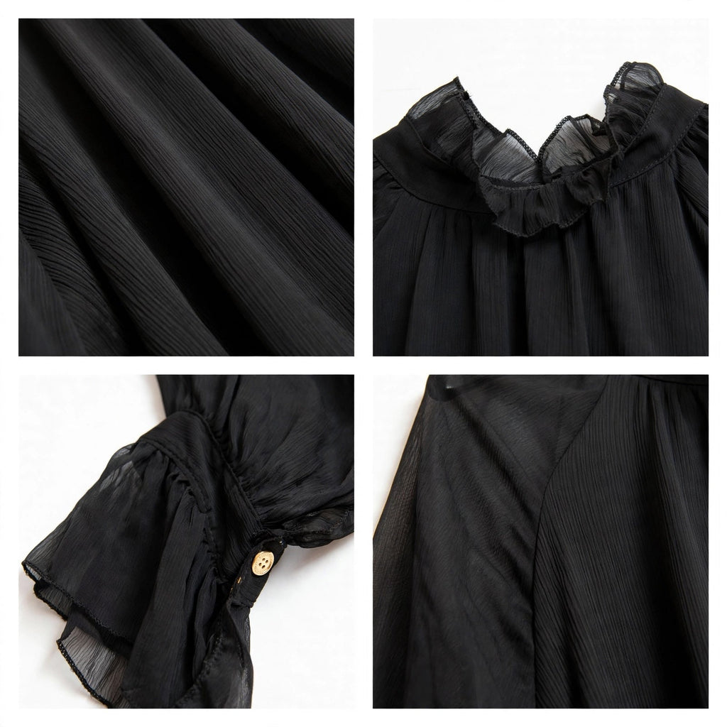Blusa de gasa curvy plisada con cuello alto y volantes - Las Cucadas
