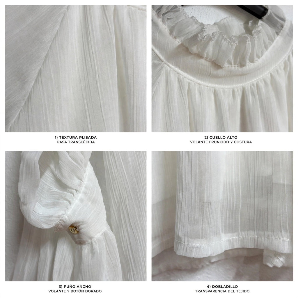 Blusa de gasa curvy plisada con cuello alto y volantes - Las Cucadas