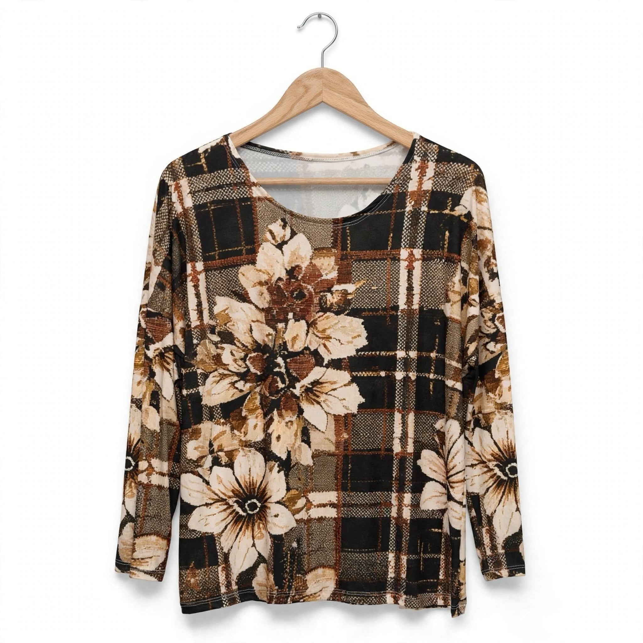 Blusa Manga Larga Estampado Floral Cuadros Tonos Tierra - Las Cucadas