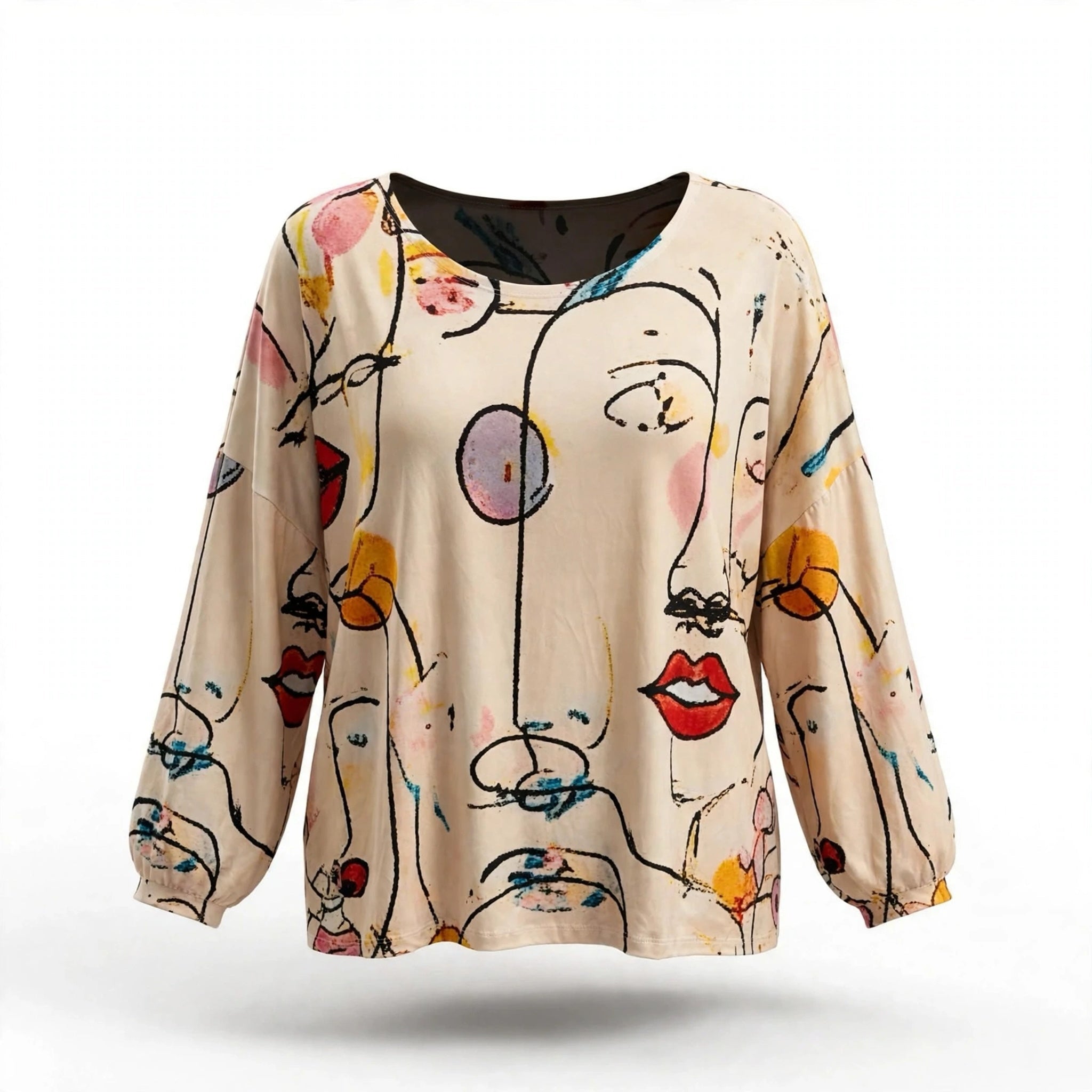 Blusa Manga Larga Estampado Rostros Artístico Talla Grande - Las Cucadas