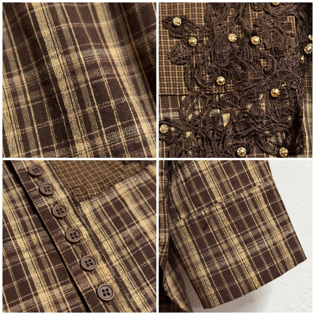 Camisa Curvy de cuadros con aplique de encaje brillante - Las Cucadas