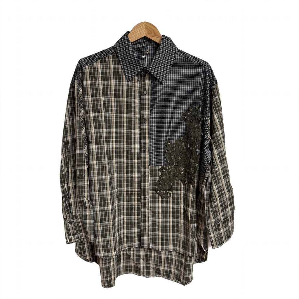 Camisa Curvy de cuadros con aplique de encaje brillante - Las Cucadas