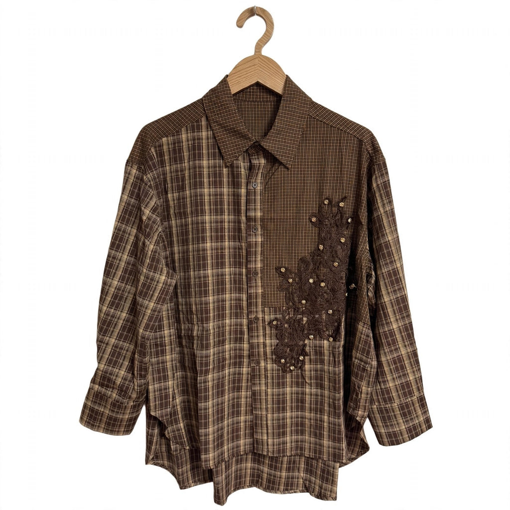 Camisa Curvy de cuadros con aplique de encaje brillante - Las Cucadas