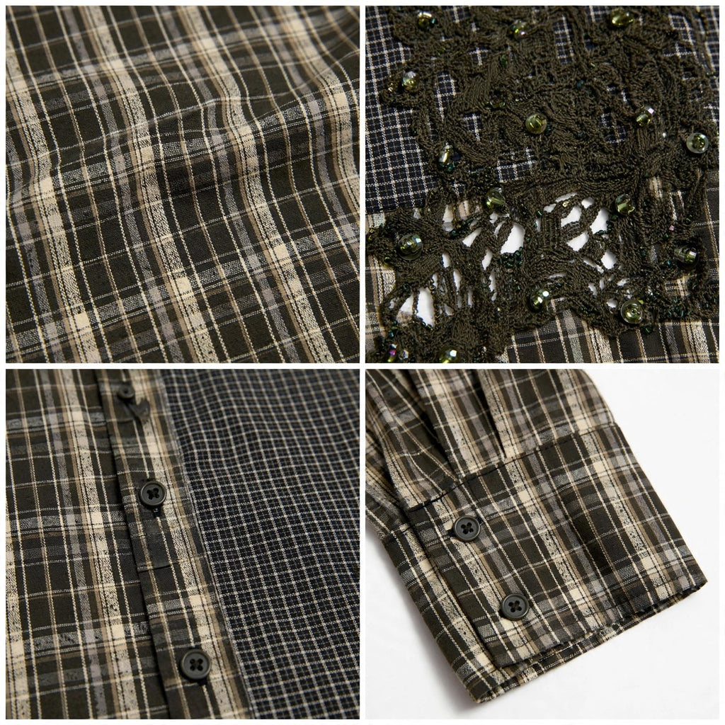 Camisa Curvy de cuadros con aplique de encaje brillante - Las Cucadas