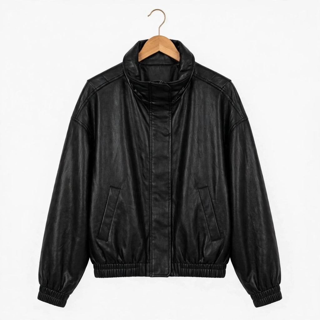 Chaqueta bomber curvy de efecto piel con cuello alto - Las Cucadas