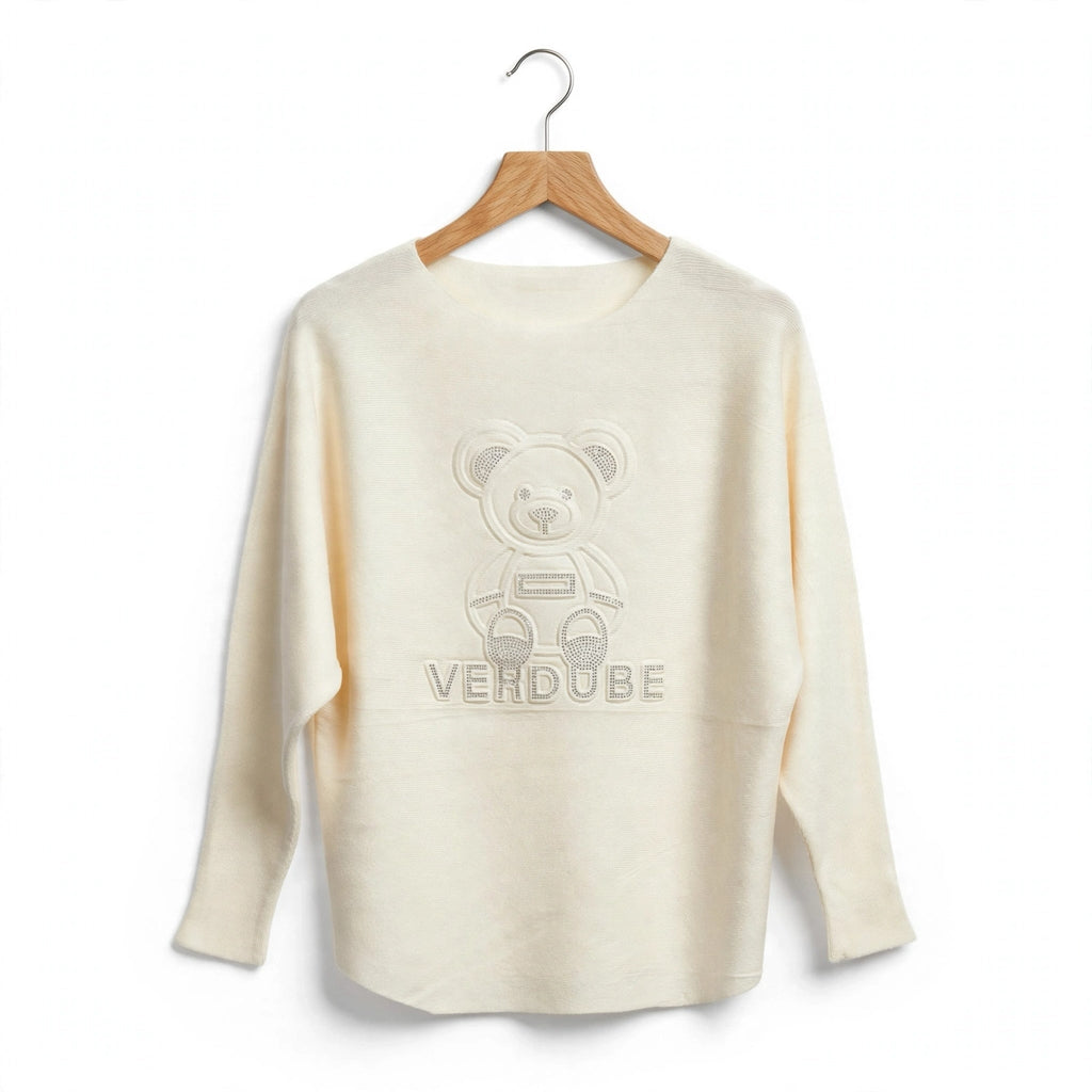 Jersey Punto Crema Diseño Oso con Pedrería - Las Cucadas