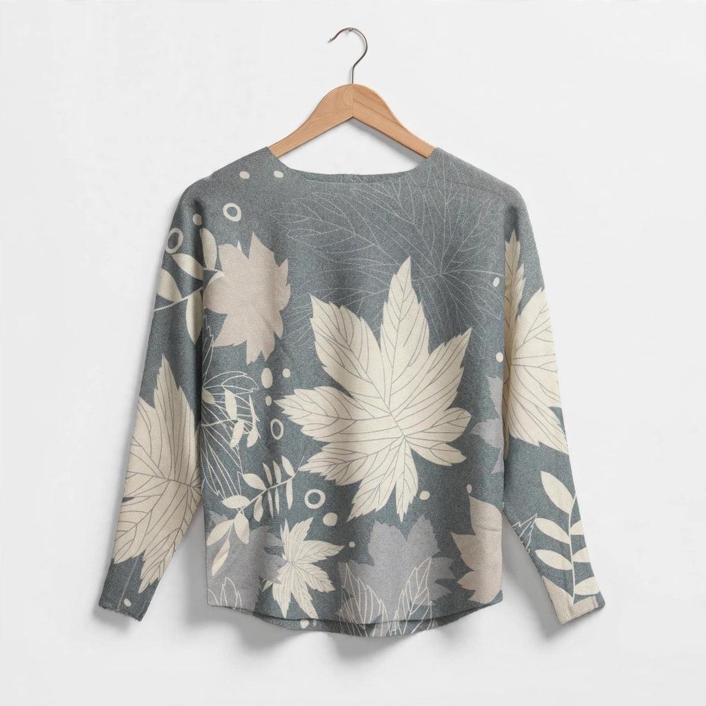 Jersey Punto Estampado Botánico Hojas Gris Talla Grande - Las Cucadas