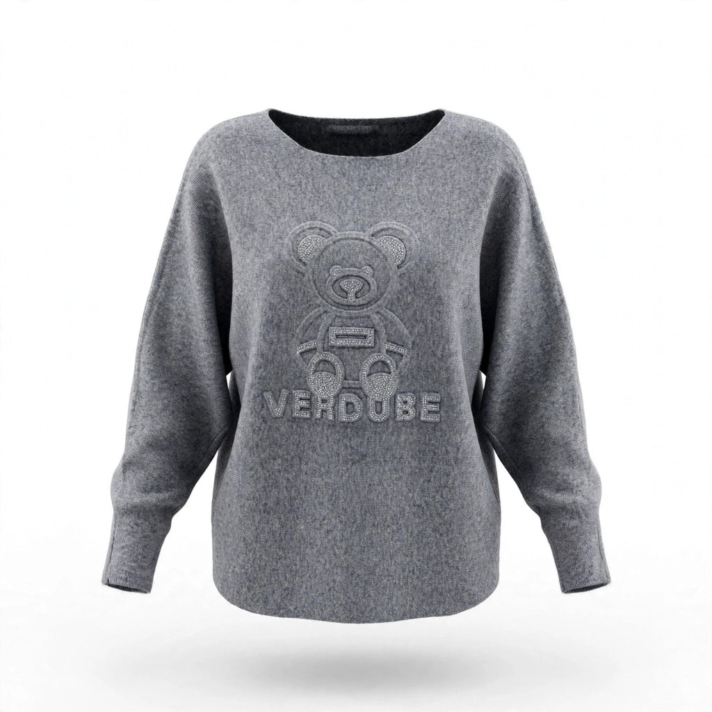 Jersey Punto Gris Jaspeado Diseño Oso con Pedrería - Las Cucadas