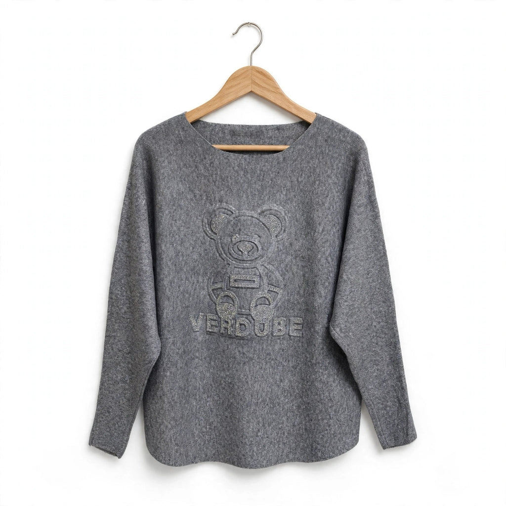 Jersey Punto Gris Jaspeado Diseño Oso con Pedrería - Las Cucadas