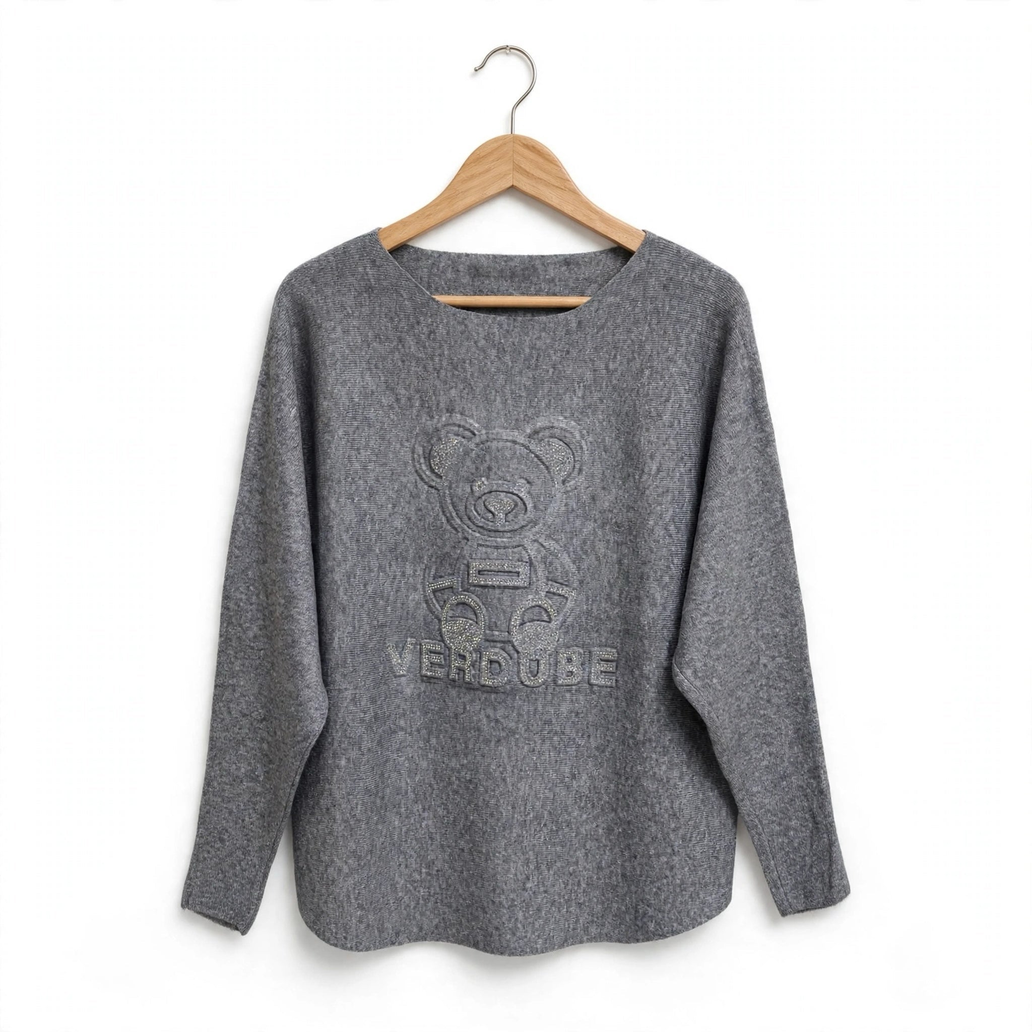 Jersey Punto Gris Jaspeado Diseño Oso con Pedrería - Las Cucadas