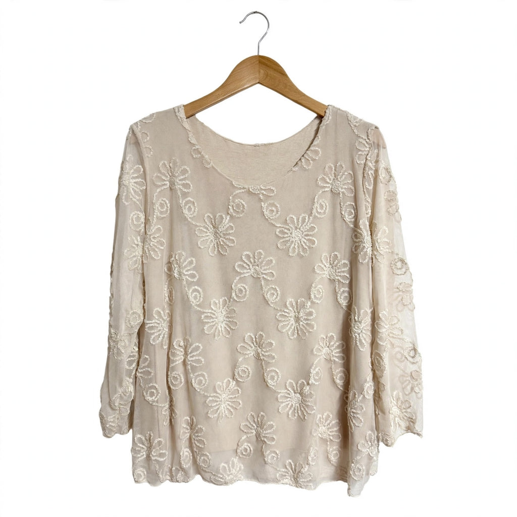 Blusa las cucadas de erisa de manga larga en color beige con malla semitransparente y bordados florales detallados