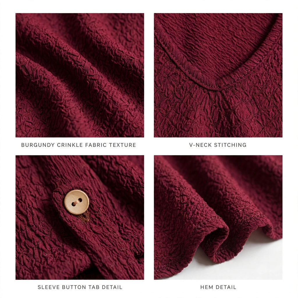 Detalles de blusa las cucadas de erisa en color burdeos con textura arrugada, cuello en V y manga con botón de madera