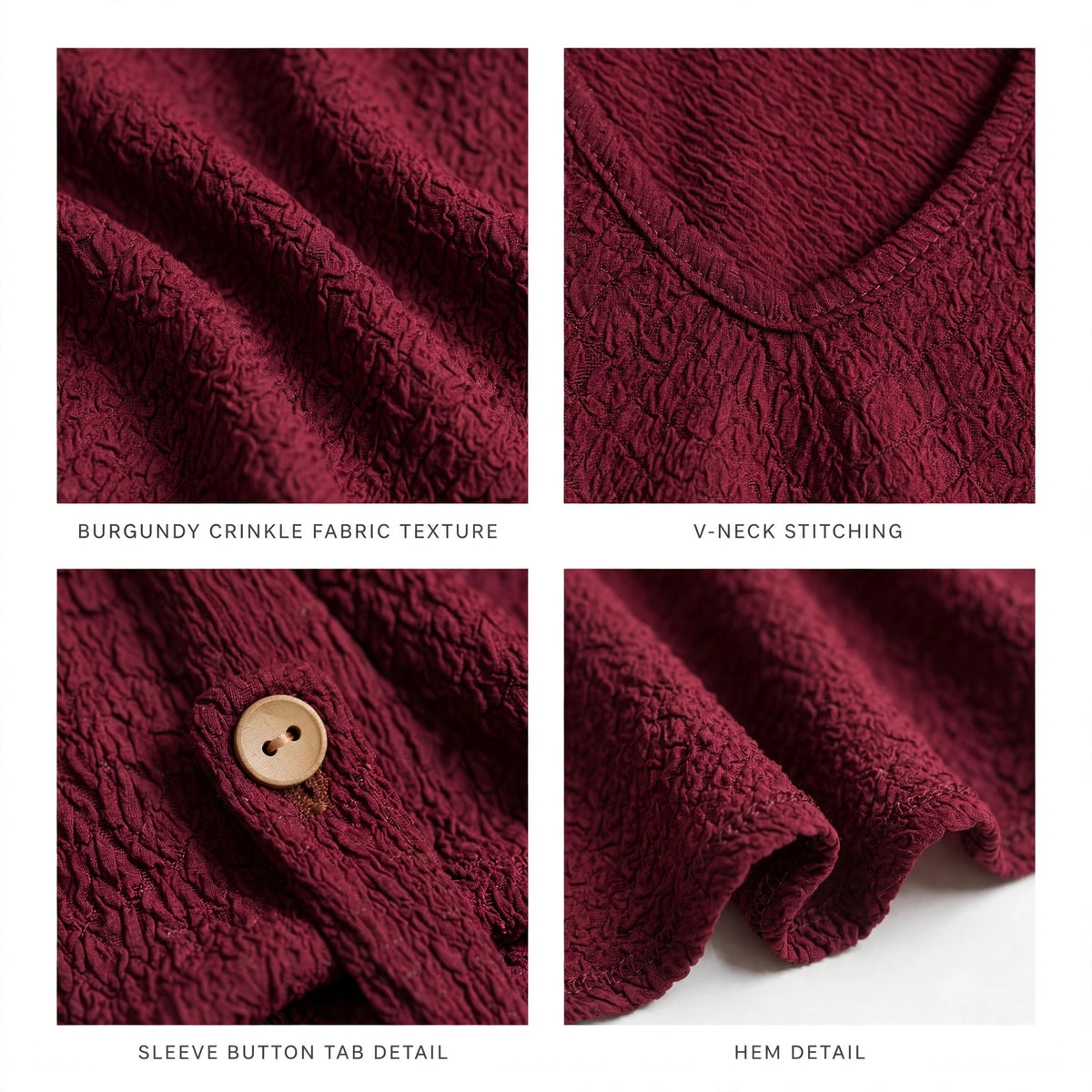 Detalles de blusa las cucadas de erisa en color burdeos con textura arrugada, cuello en V y manga con botón de madera