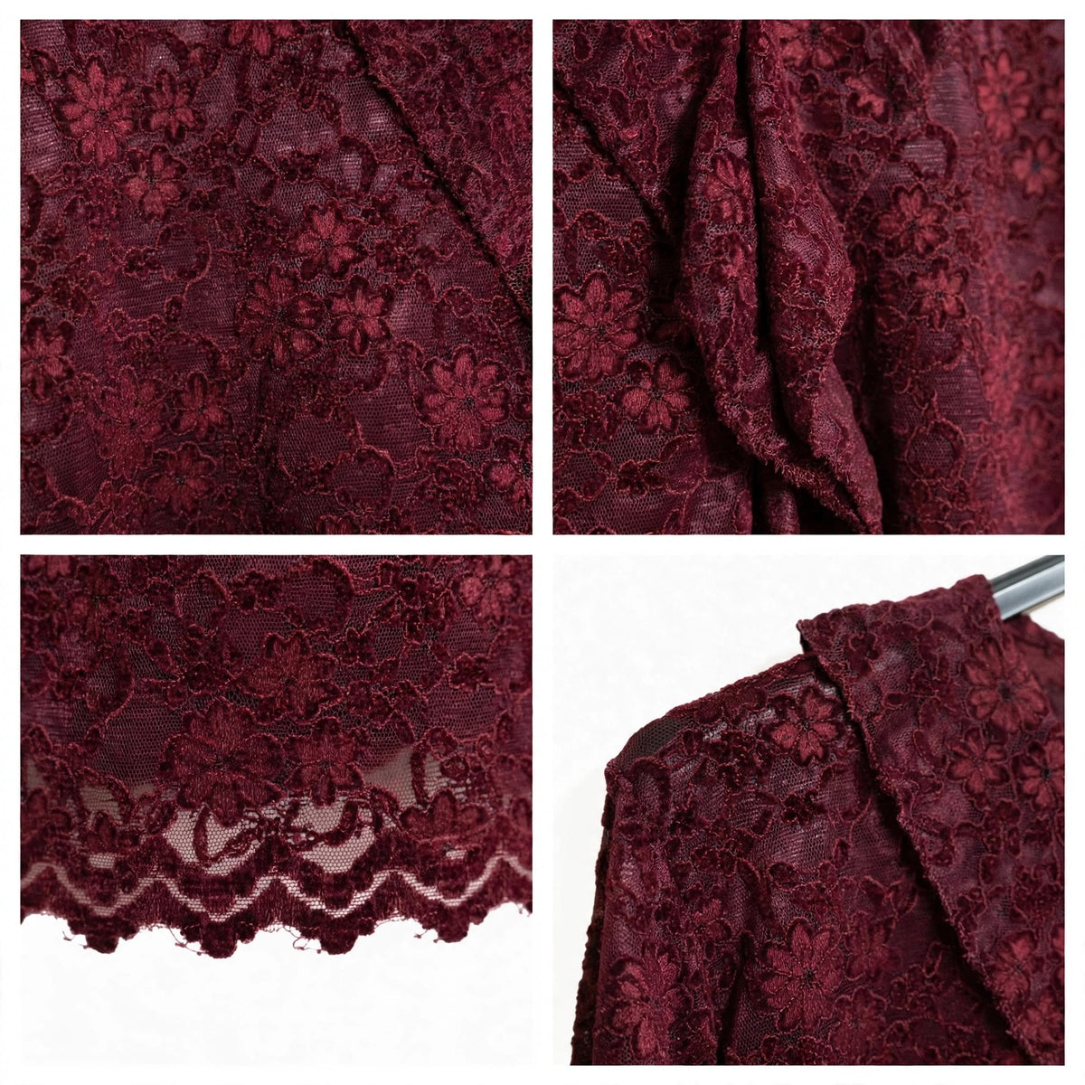 Detalles de blusa las cucadas de erisa en encaje floral color burdeos con volante y bordes festoneados