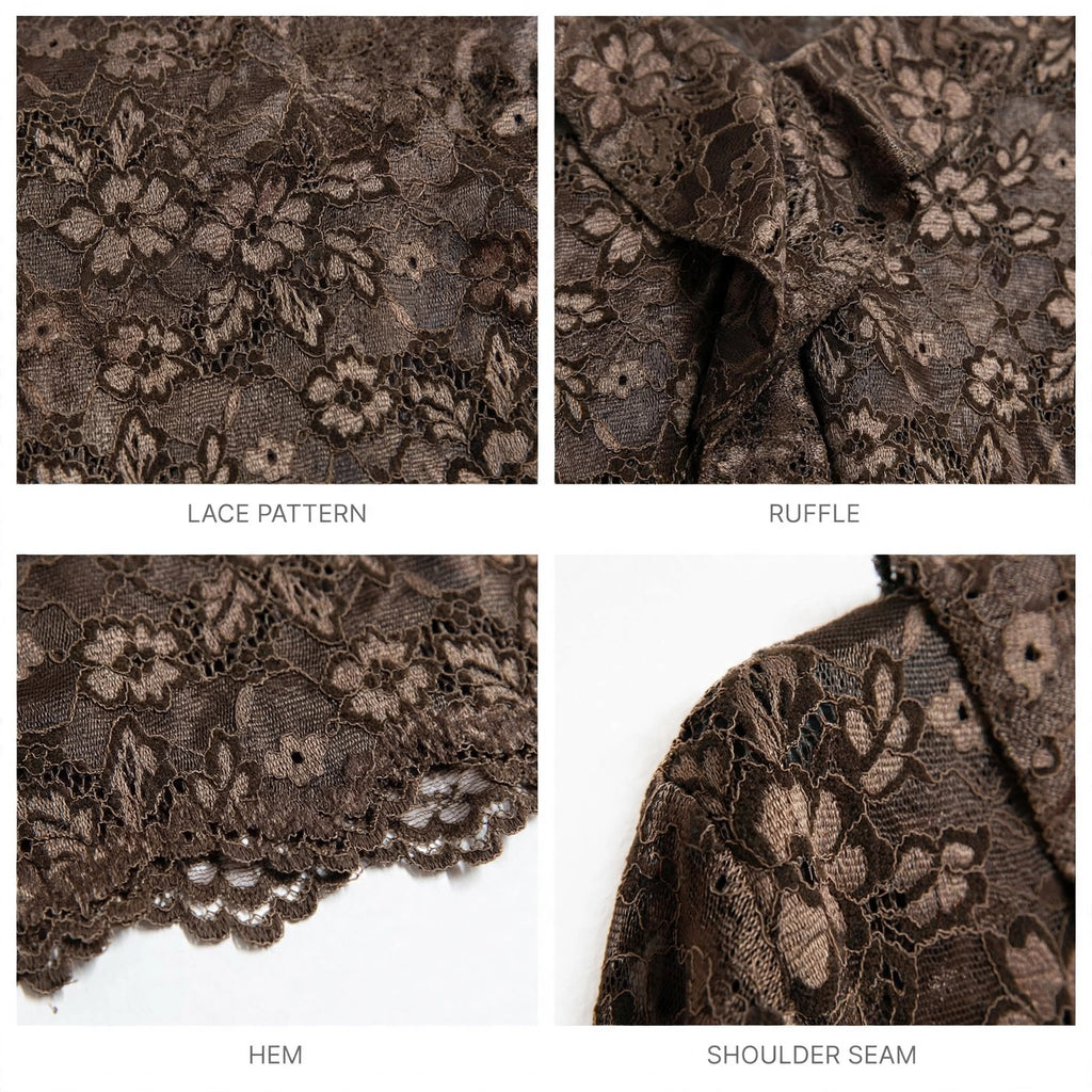 Detalles de blusa las cucadas de erisa en encaje floral marrón con volante y bordes festoneados en vista de primer plano