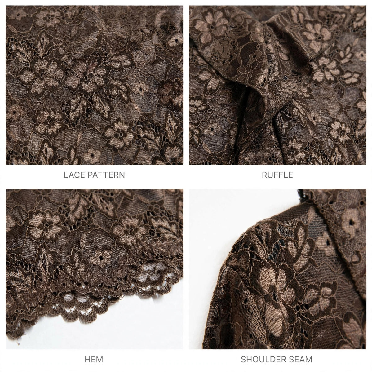 Detalles de blusa las cucadas de erisa en encaje floral marrón con volante y bordes festoneados en vista de primer plano