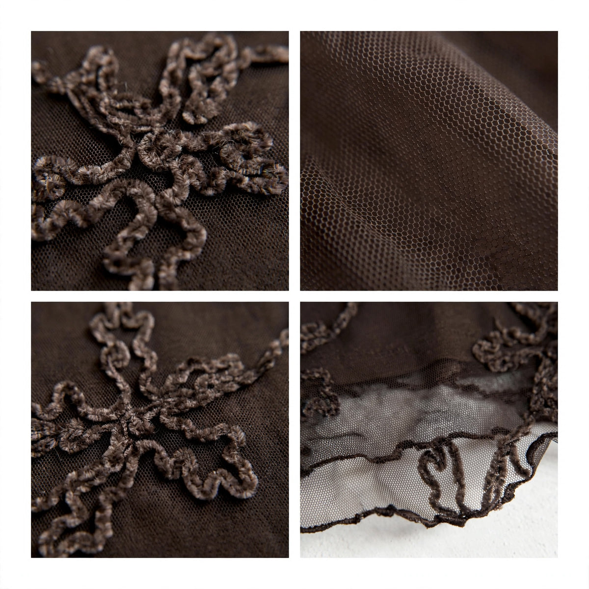 Detalle de blusa las cucadas de erisa en malla marrón con bordados florales intrincados y acabado en el dobladillo.