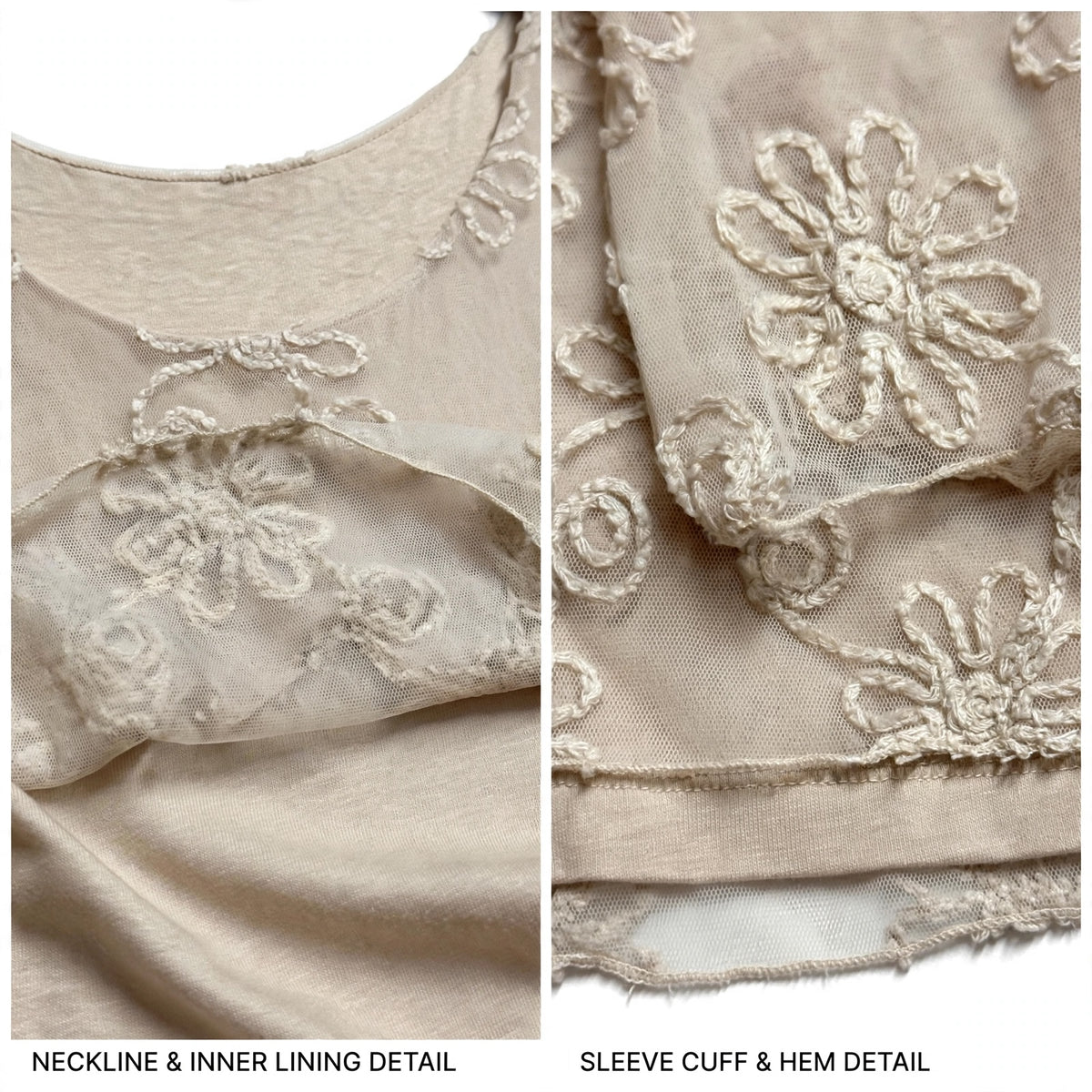Detalle de blusa las cucadas de erisa en color beige con tejido de malla bordado floral y forro interior suave