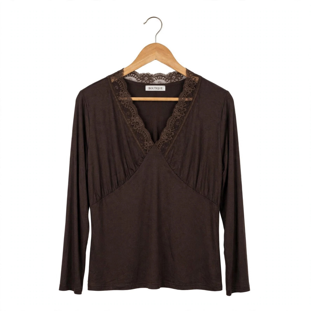 Blusa de manga larga las cucadas de erisa en color marrón con escote en V y delicado detalle de encaje floral