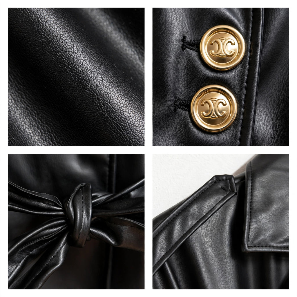 Detalles del chaleco las cucadas de erisa en piel sintética negra con botones dorados y cinturón ajustable.
