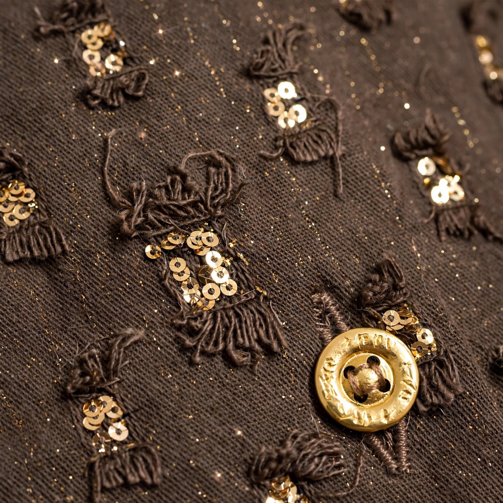 Detalle de chaqueta las cucadas de erisa marrón con lentejuelas doradas, hilos deshilachados y botón metálico dorado.