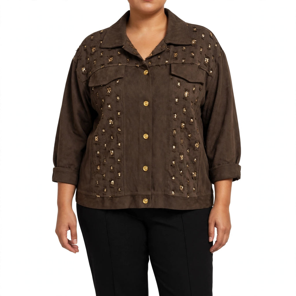 Chaqueta las cucadas de erisa marrón con lentejuelas doradas, botones metálicos y detalles deshilachados.