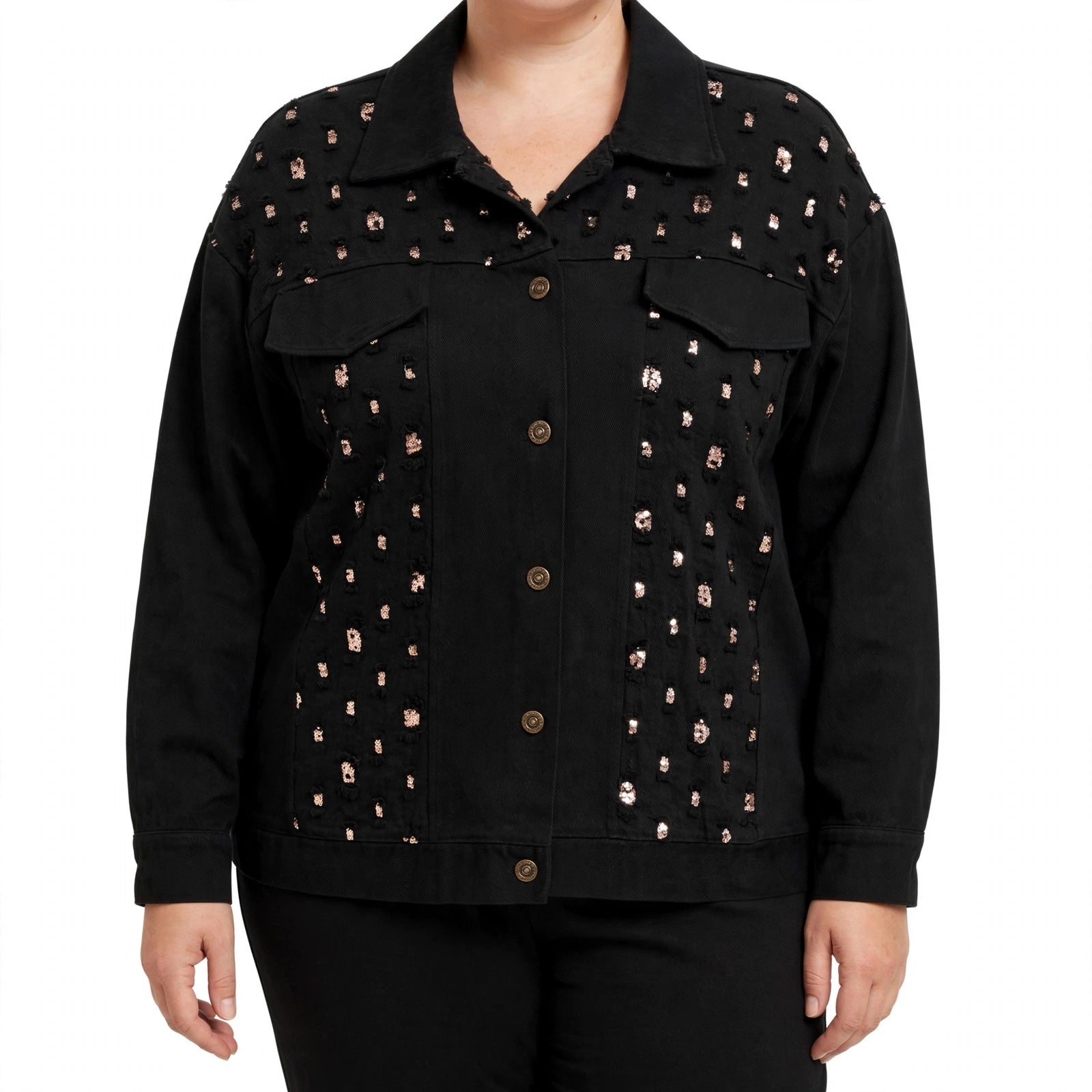 Chaqueta de mezclilla negra las cucadas de erisa con apliques de lentejuelas metálicas y botones frontales