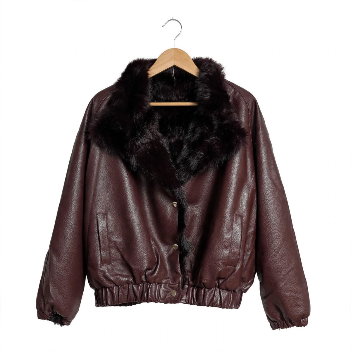 Chaqueta reversible las cucadas de erisa tipo bomber en piel sintética burdeos con cuello de pelo suave y botones