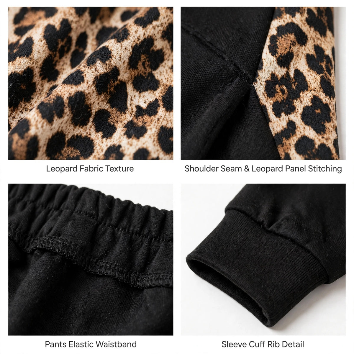 Detalles de las cucadas de erisa en conjunto deportivo negro con paneles laterales de estampado animal print