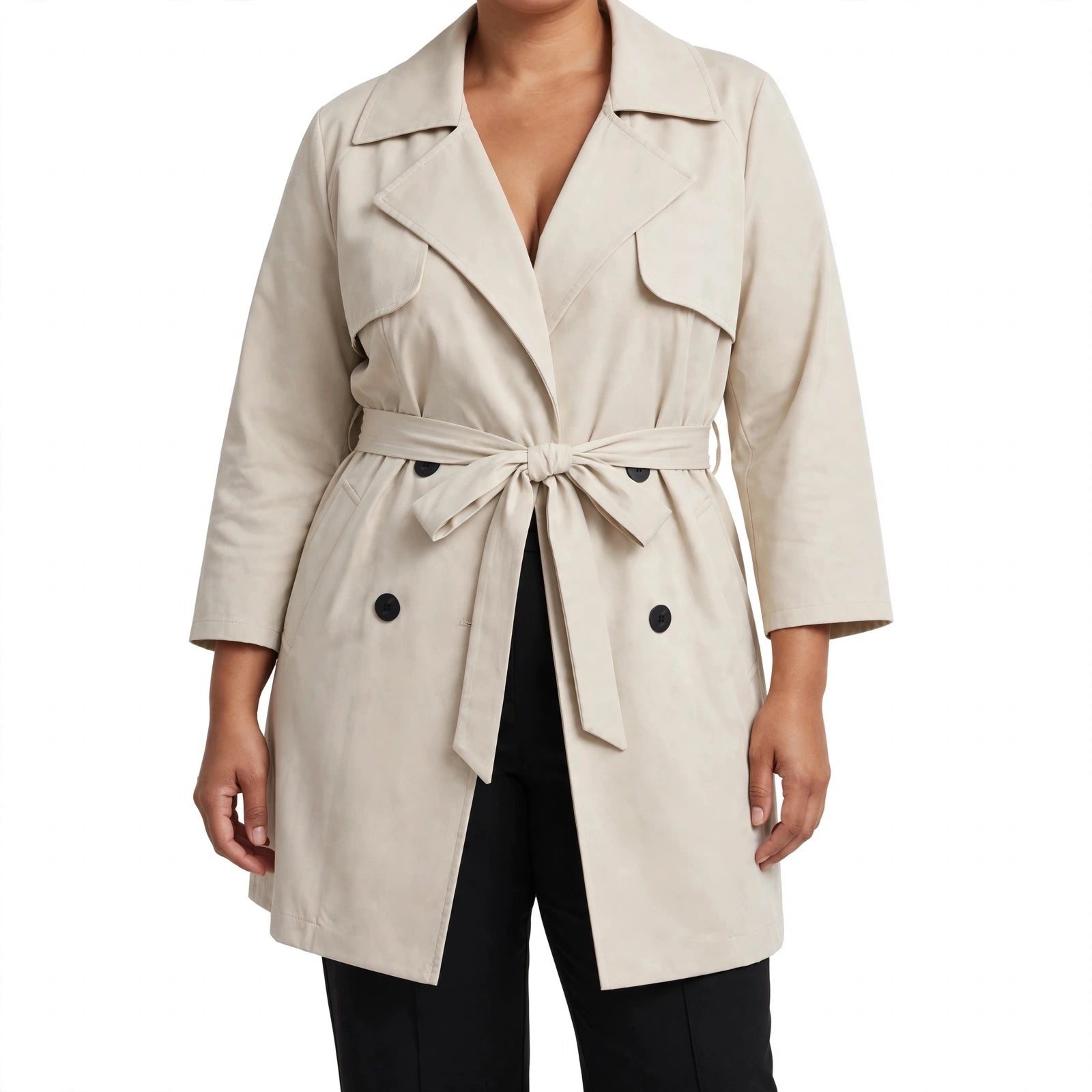 Gabardina beige las cucadas de erisa con doble botonadura, cinturón ajustable y solapas estructuradas
