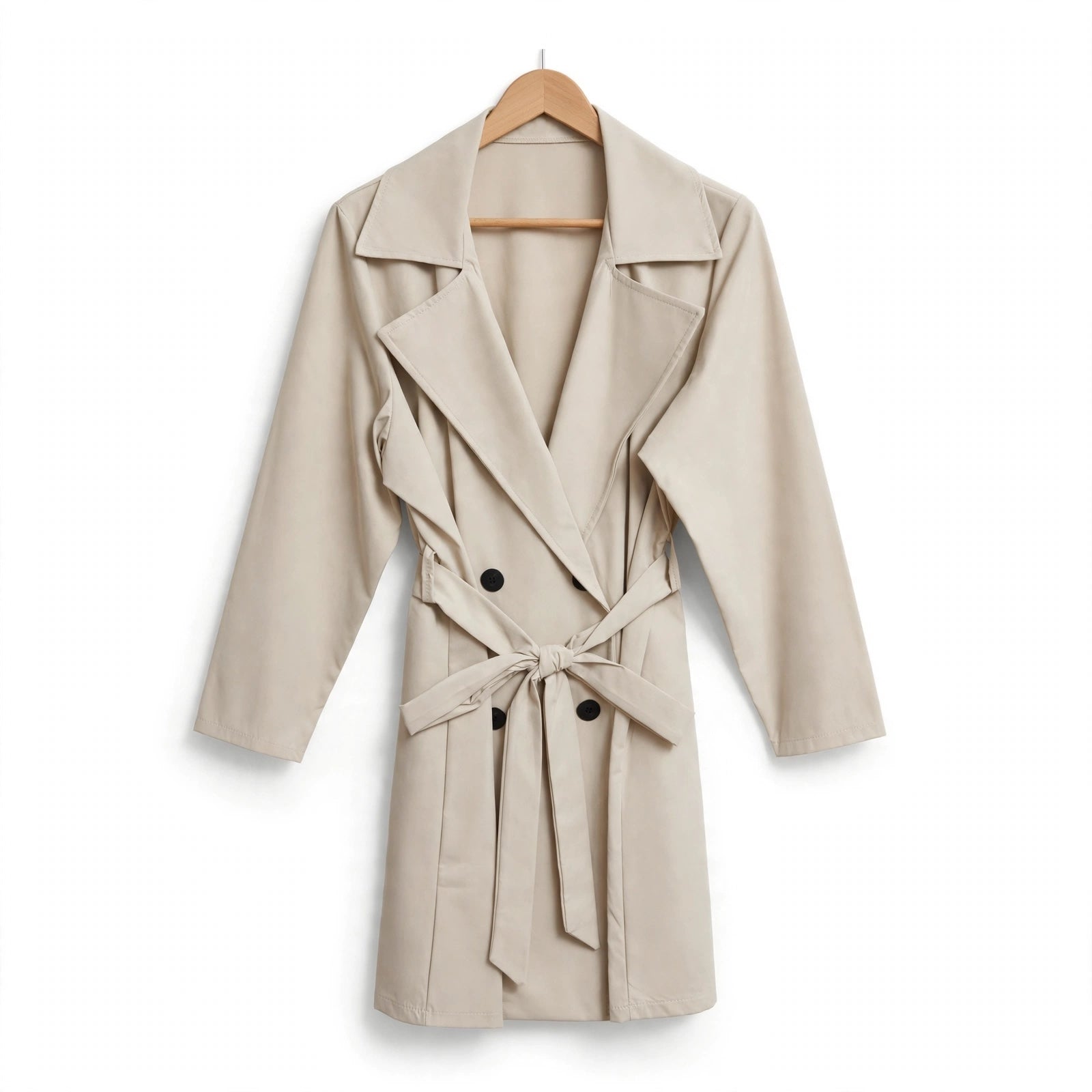 Gabardina beige las cucadas de erisa con doble botonadura, solapas estructuradas y cinturón ajustable en percha