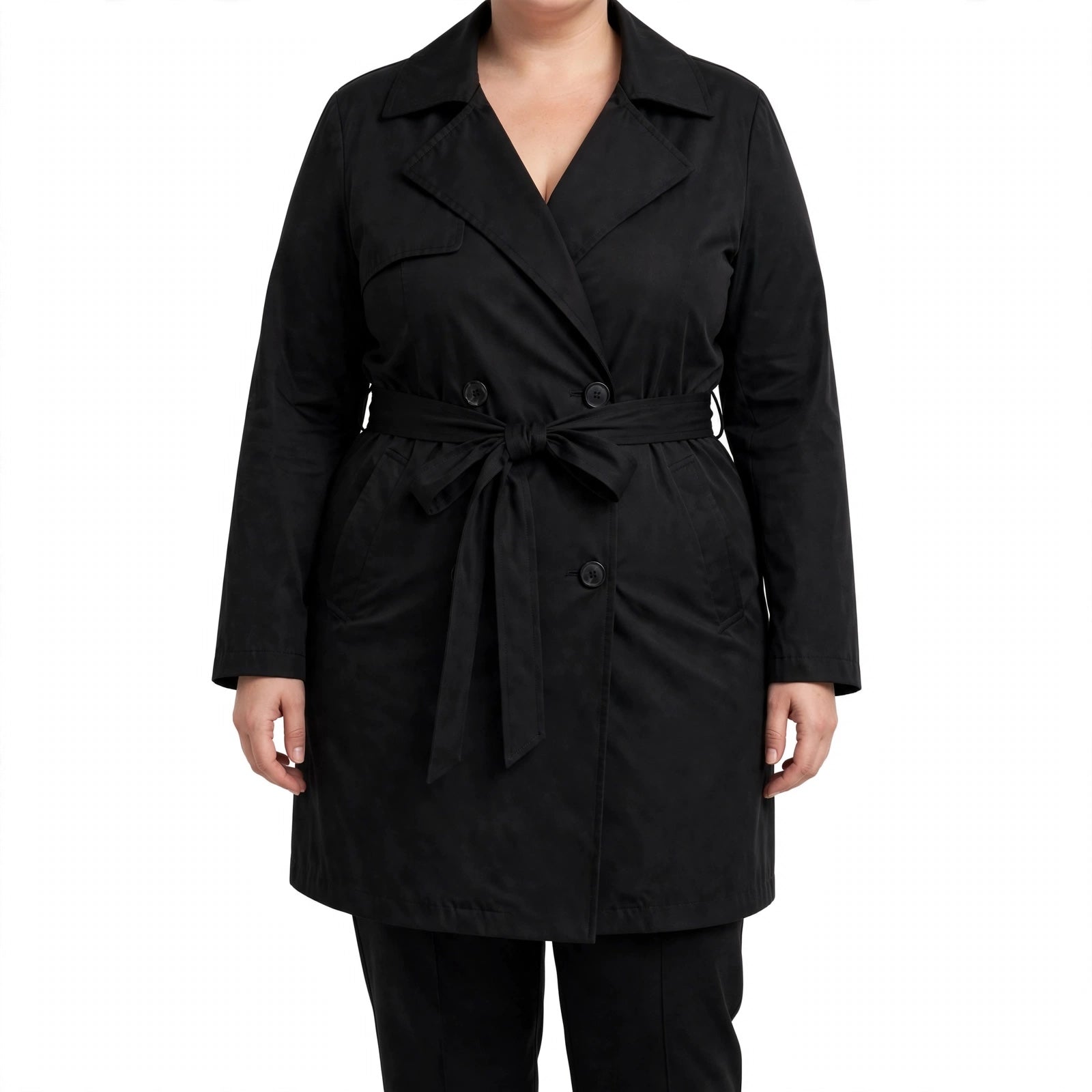 Gabardina negra las cucadas de erisa con doble botonadura, solapas clásicas y cinturón ajustable para mujer