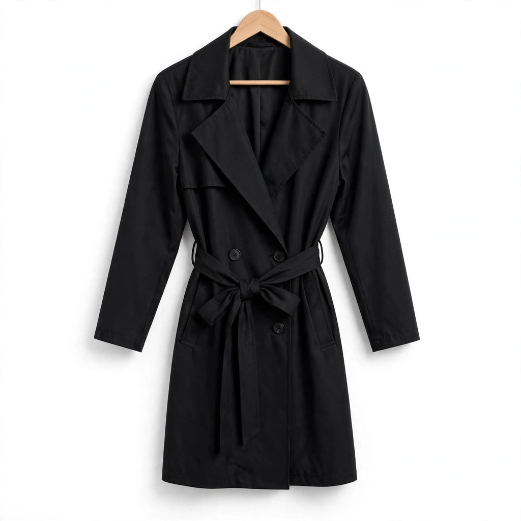 Gabardina negra las cucadas de erisa con doble botonadura, solapas clásicas y cinturón ajustable para mujer.