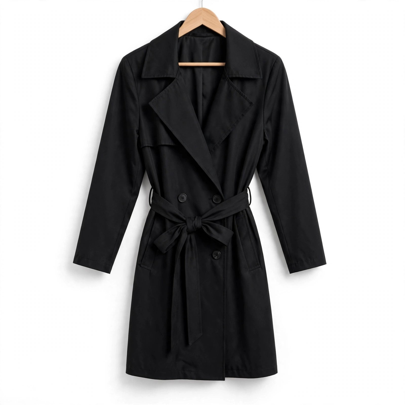 Gabardina negra las cucadas de erisa con doble botonadura, solapas clásicas y cinturón ajustable para mujer.