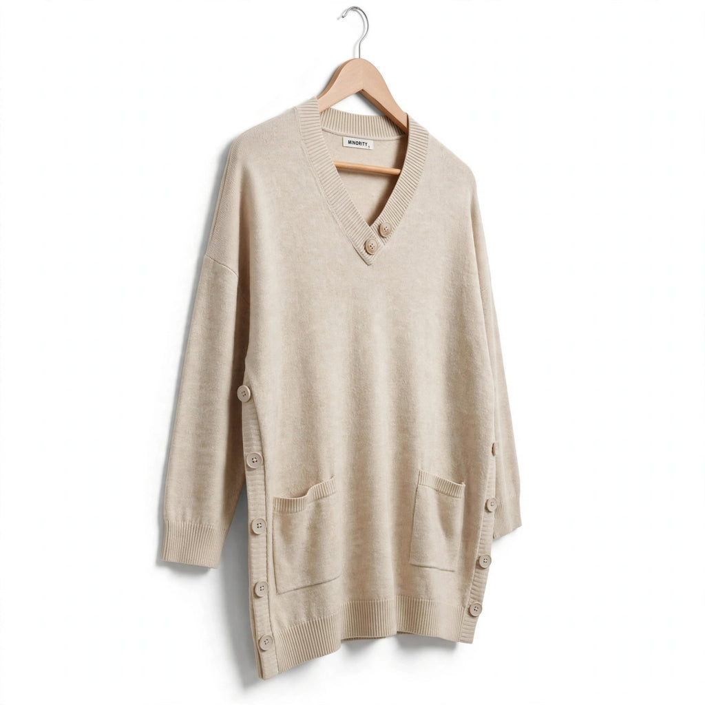 Jersey de punto beige las cucadas de erisa con cuello en V, botones decorativos, bolsillos frontales y laterales.