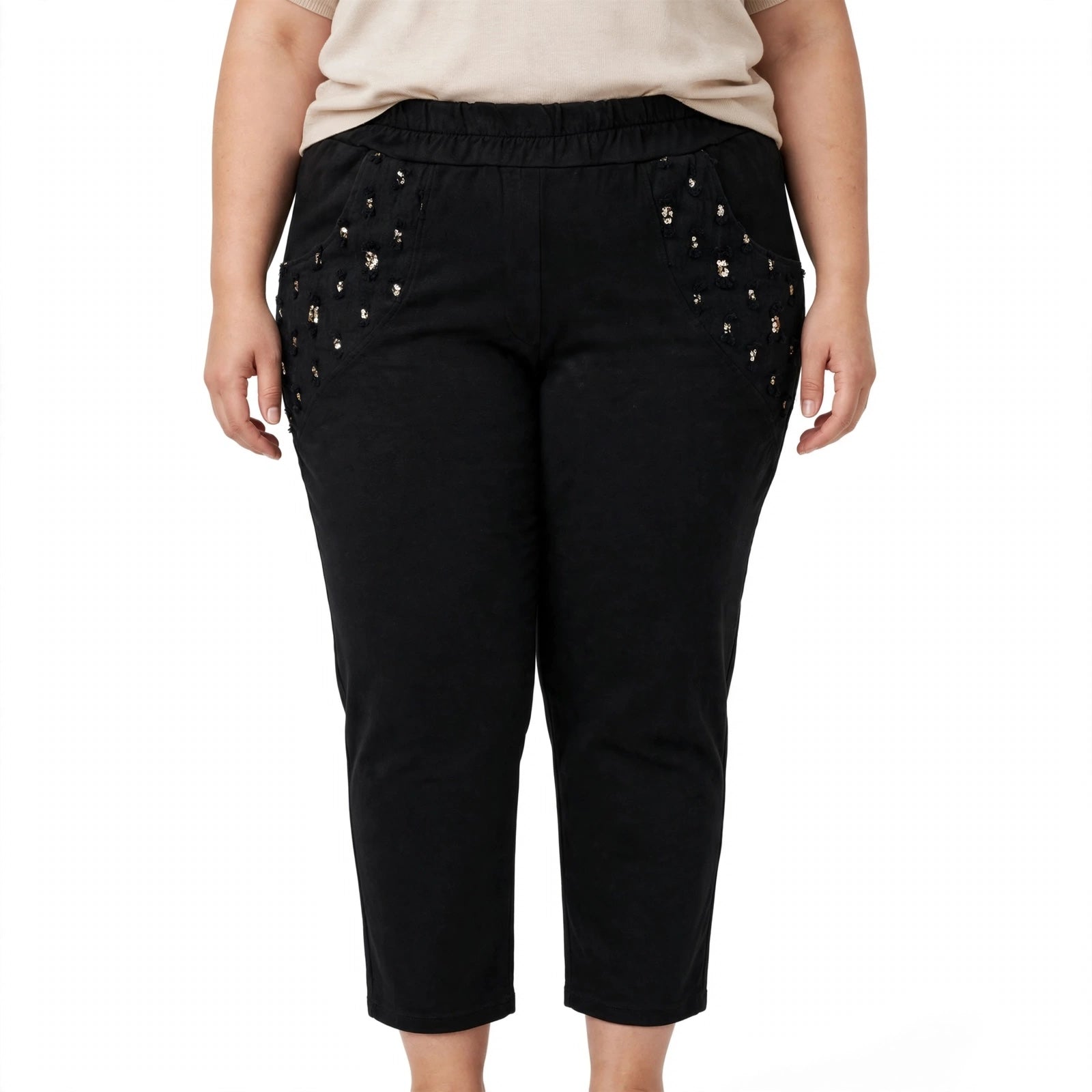 Pantalón negro casual de las cucadas de erisa con cintura elástica y bolsillos laterales decorados con lentejuelas.