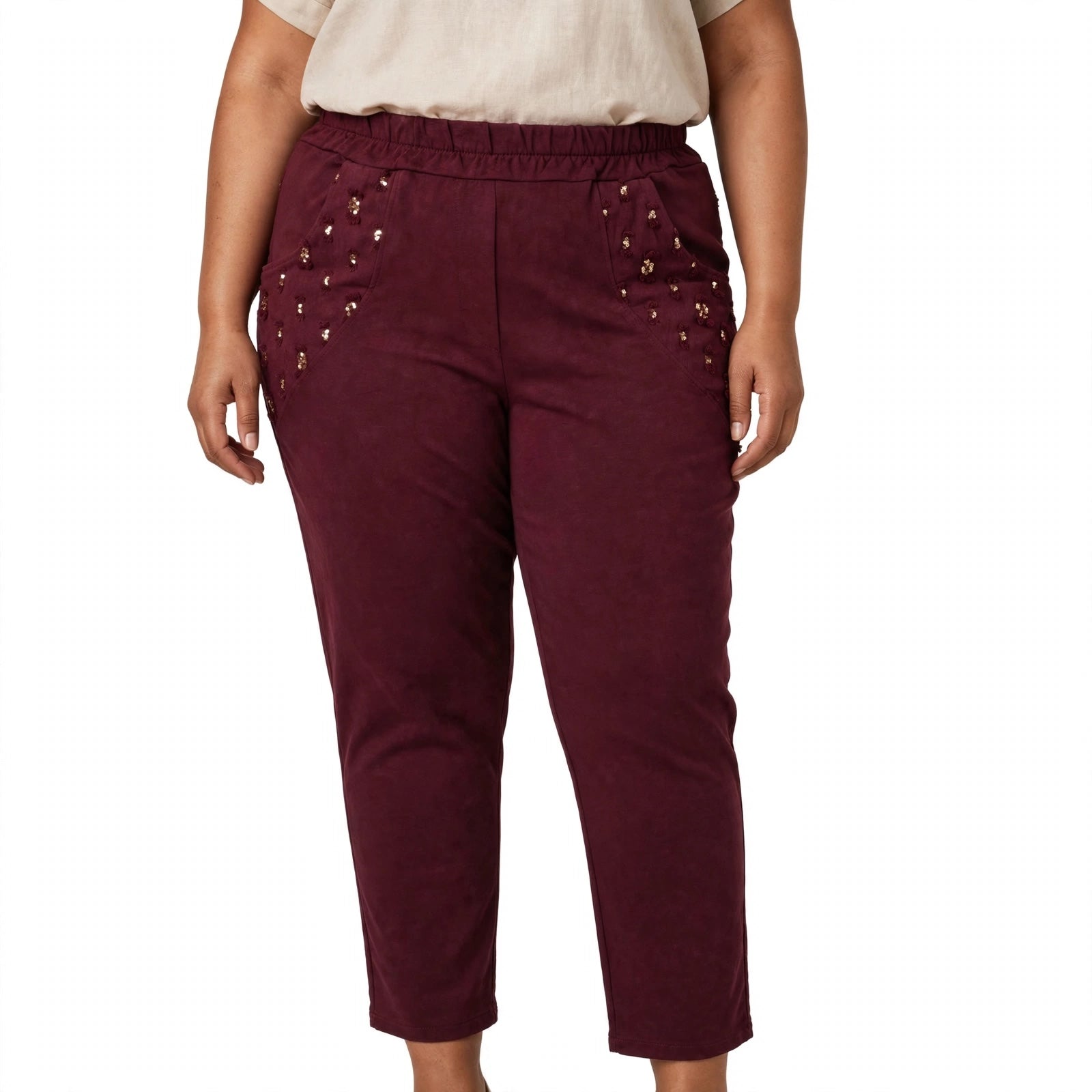 Pantalones las cucadas de erisa burdeos de tacto ante con bolsillos decorados con lentejuelas y cintura elástica