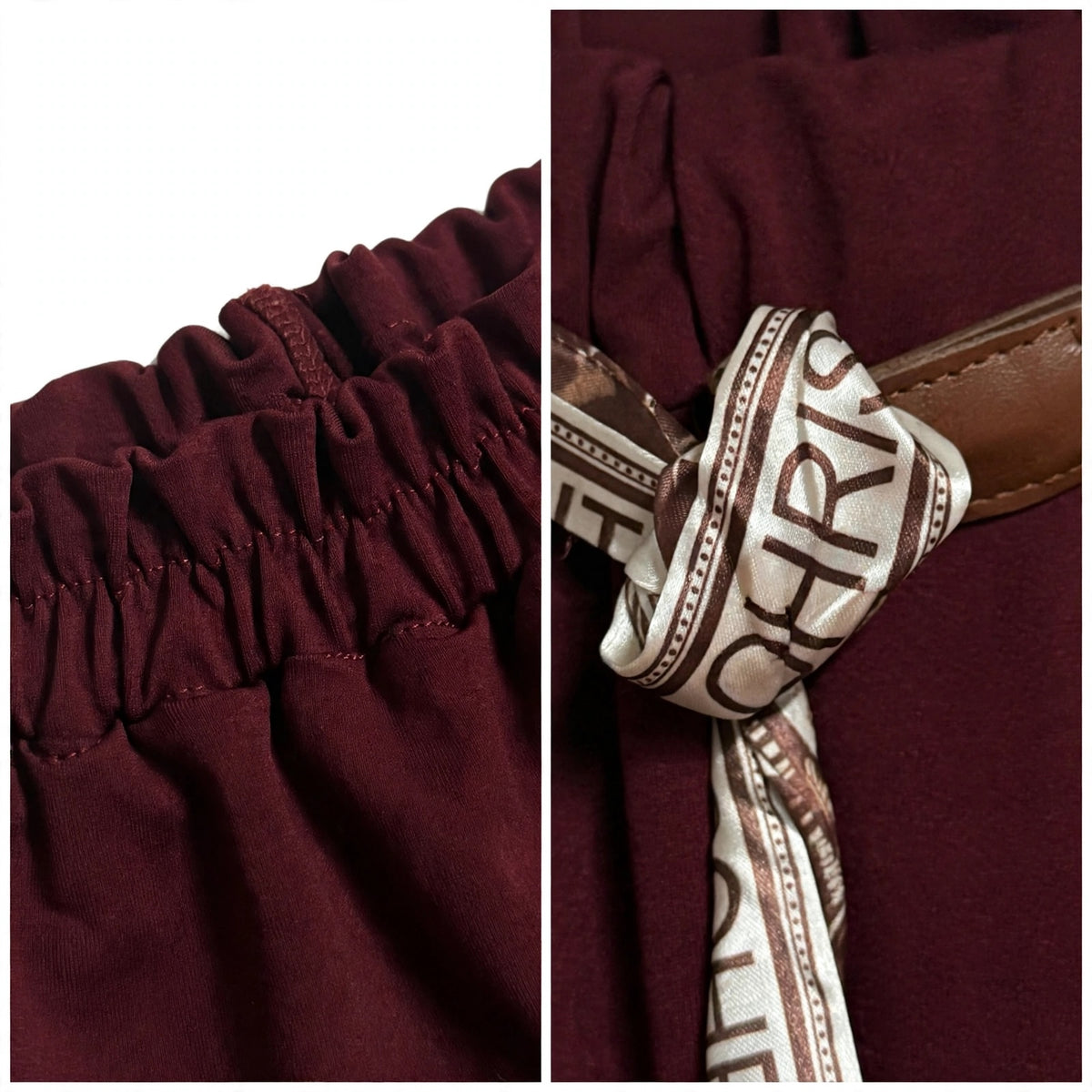 Detalle de pantalones las cucadas de erisa en color burdeos con cintura elástica y cinturón decorativo estampado