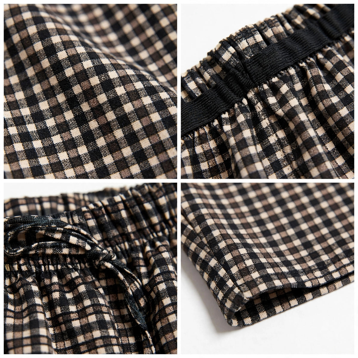 Detalle de pantalones las cucadas de erisa con estampado de cuadros vichy en tonos tierra, cintura elástica y cordón.
