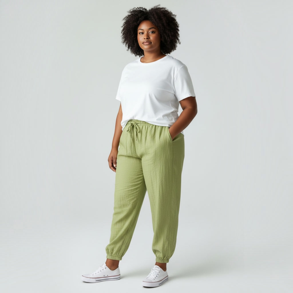 Mujer con pantalones jogger verde oliva de las cucadas de erisa, cintura elástica y tejido ligero con camiseta blanca