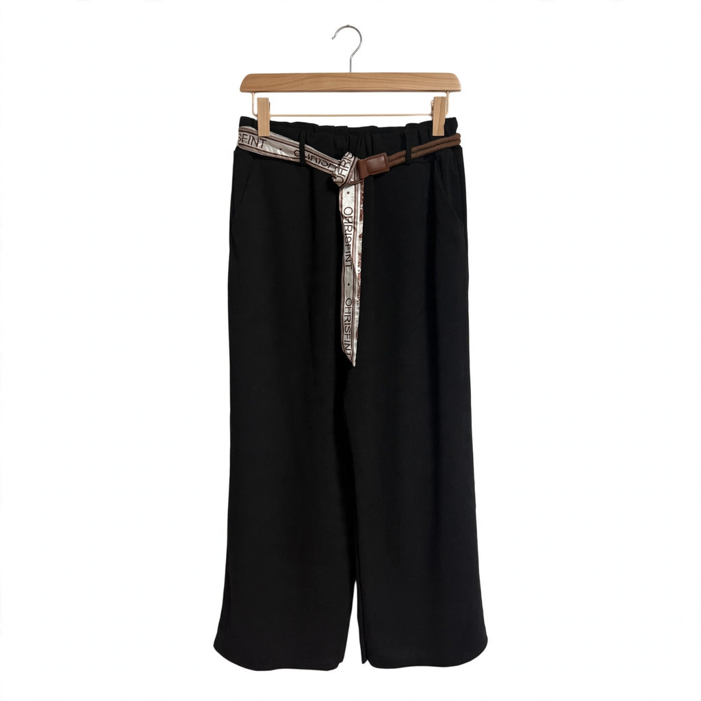 Pantalones negros de corte recto las cucadas de erisa con cintura elástica y cinturón decorativo trenzado y estampado