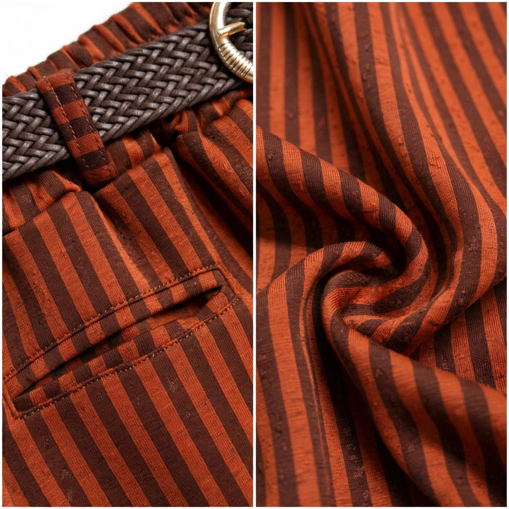 Pantalones las cucadas de erisa de rayas marrones y terracota con cinturón trenzado y bolsillos laterales