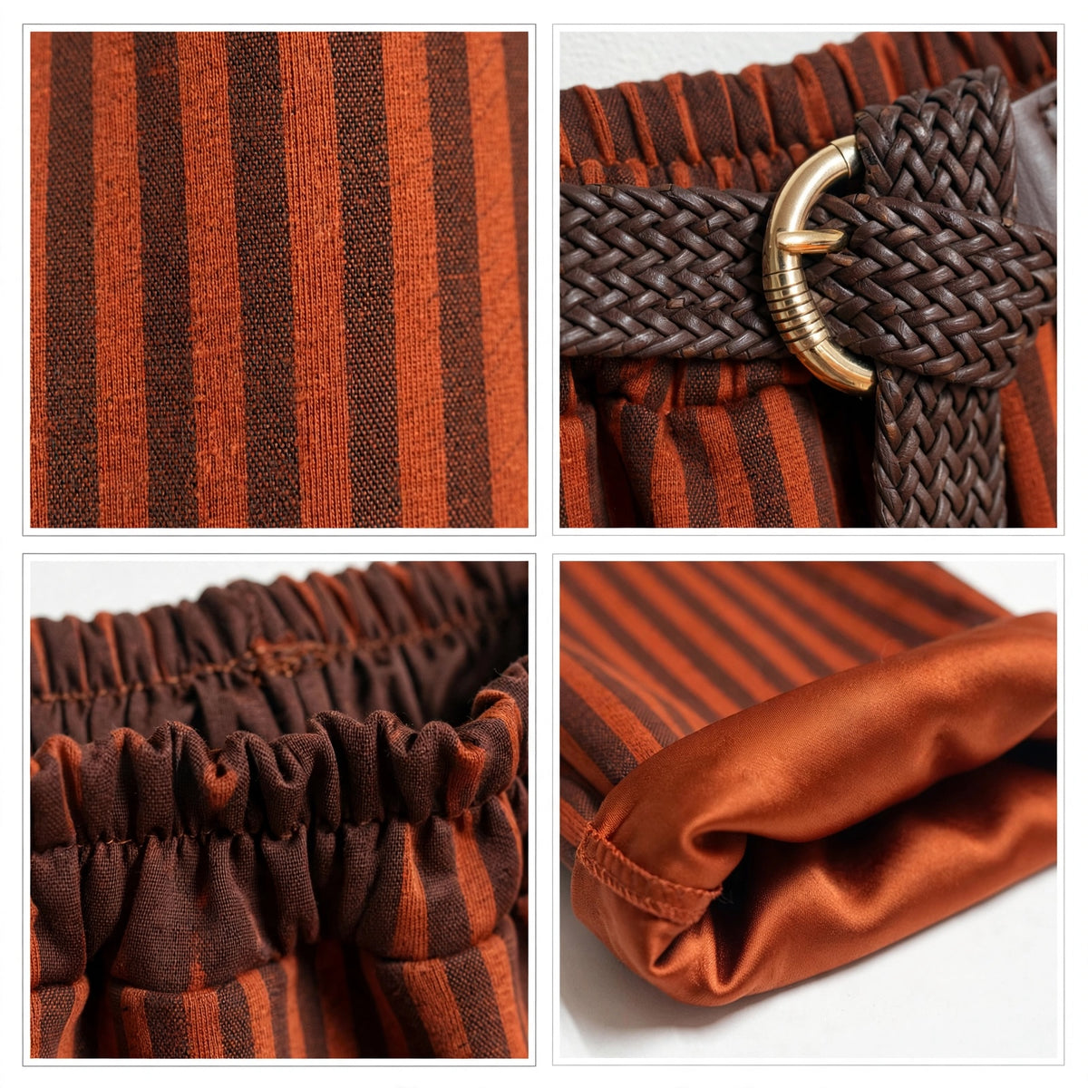 Detalles de pantalones las cucadas de erisa a rayas marrones y terracota con cinturón trenzado y cintura elástica