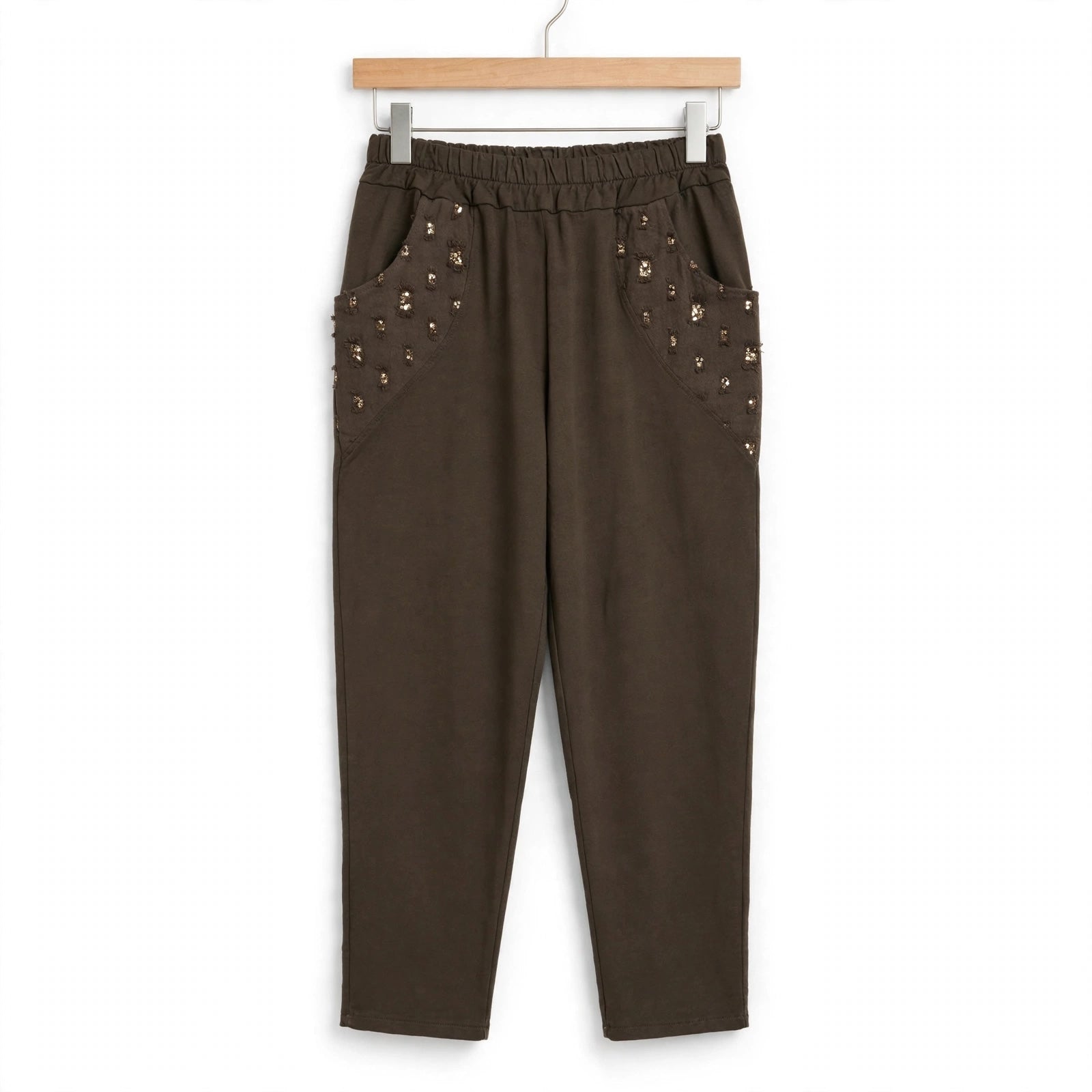 Pantalones casuales verde oliva de las cucadas de erisa con cintura elástica y bolsillos decorados con lentejuelas.