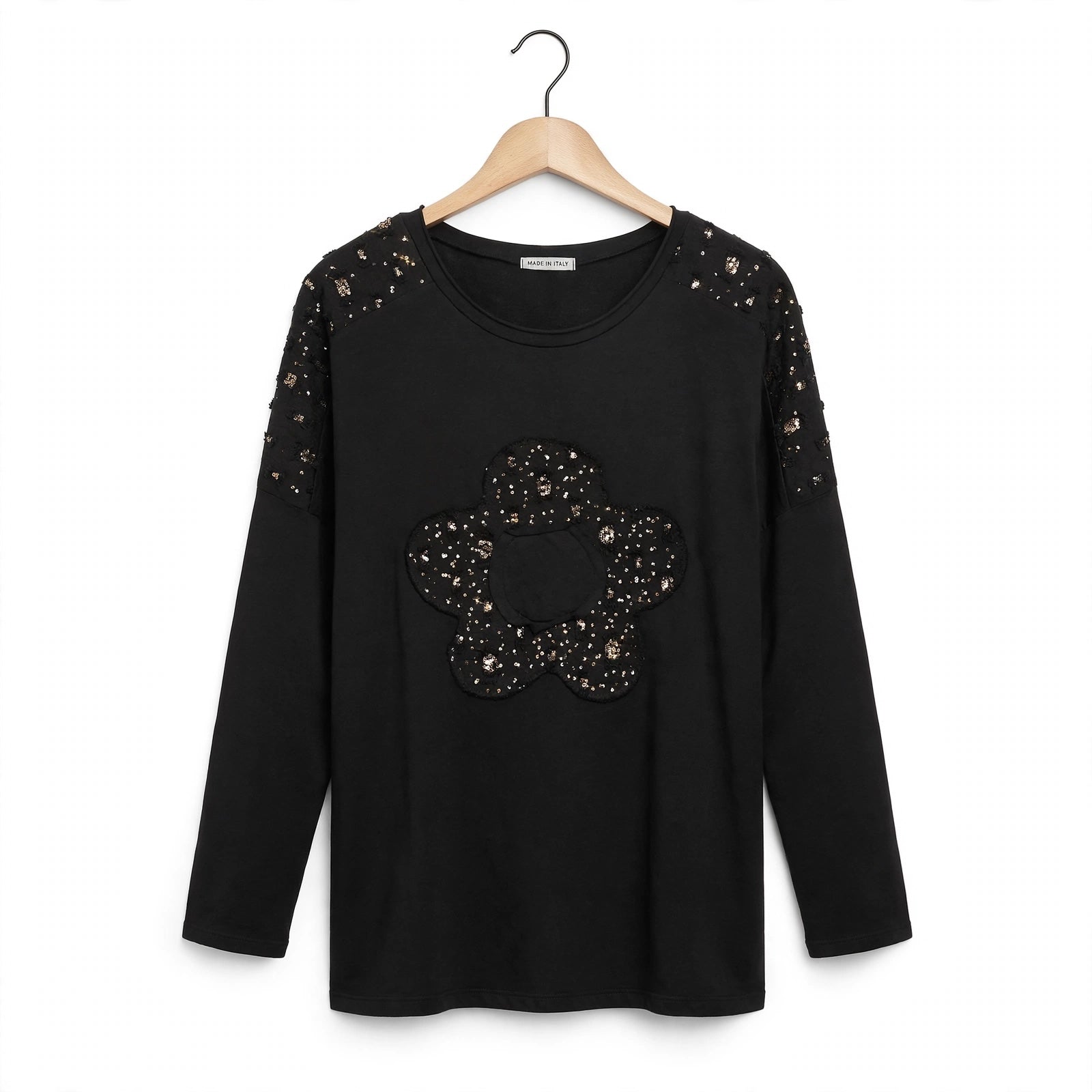 Sudadera negra las cucadas de erisa con aplique floral de lentejuelas y detalles brillantes en los hombros