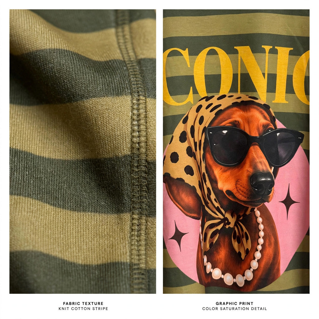 Detalle de sudadera las cucadas de erisa con rayas verde oliva y estampado de perro salchicha con gafas de sol