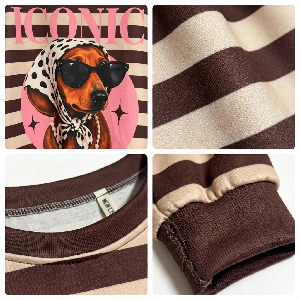 Sudadera las cucadas de erisa a rayas marrones con estampado de perro salchicha retro y cuello redondo